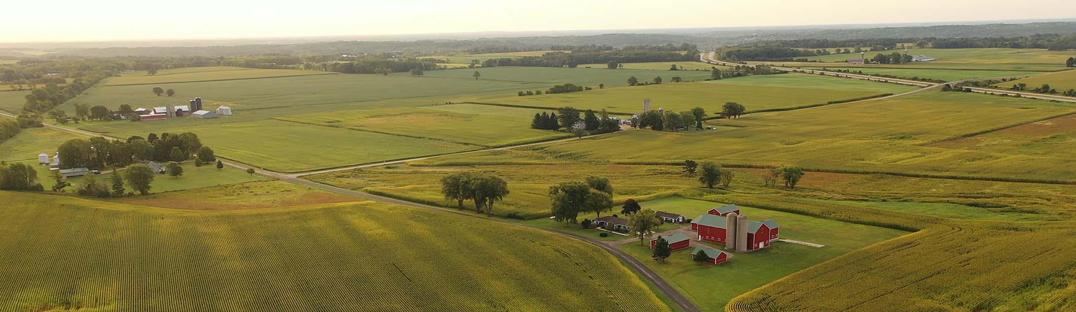 Aerial view of central Ohio farmland at sunset
