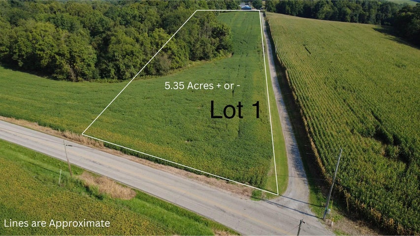 Aerial view of the 5.3 acre lot at 0 Marietta Road SE, Bremen, Ohio, with approximate boundary lines over farmland